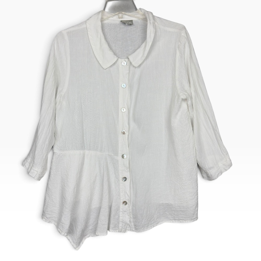 Niche Nilgun Derman Top M White Linen Blend Asymmetrical Button Up Pixel Art